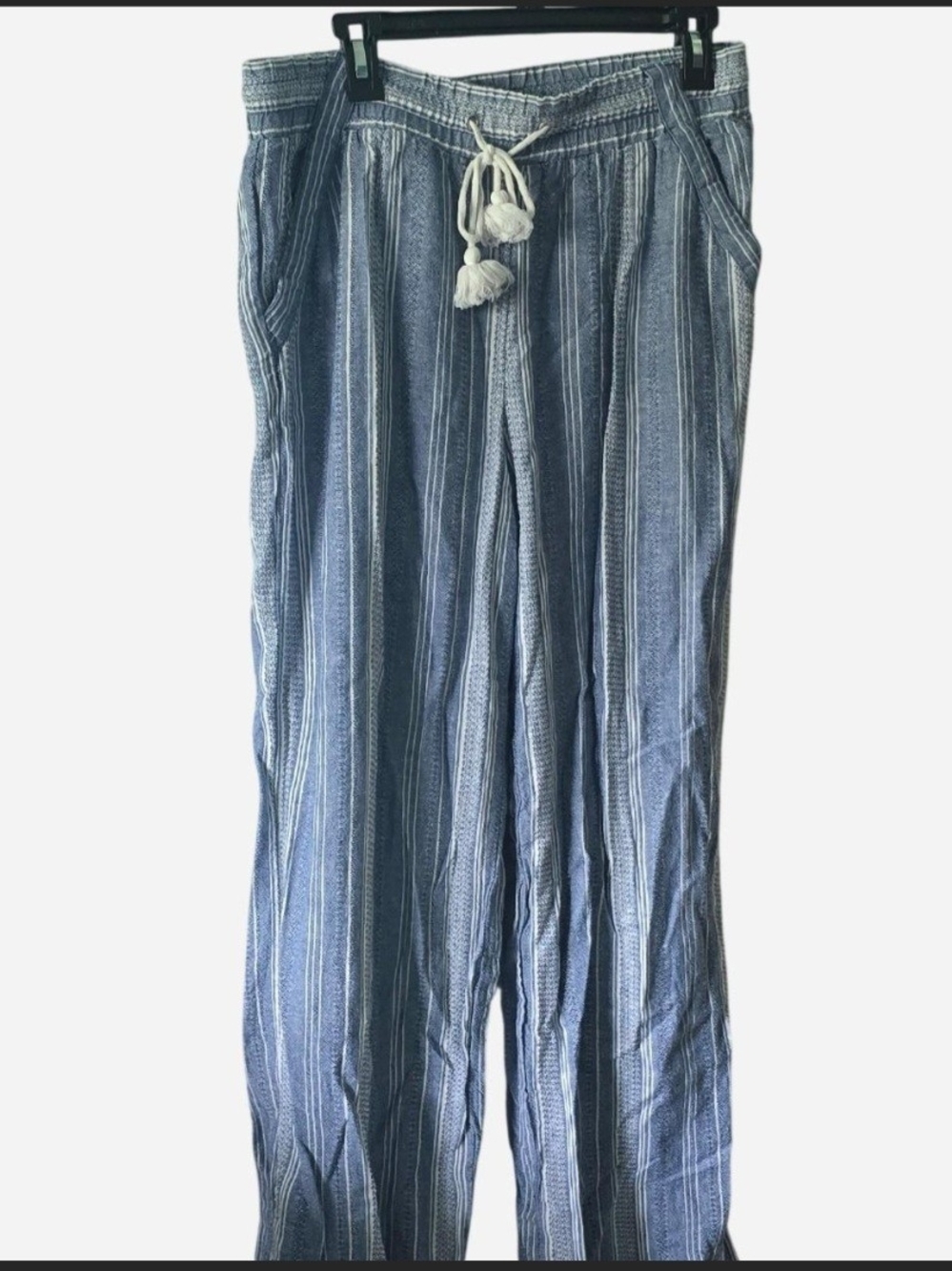 Jolt Blue & White Striped Linen Blend Wide-Leg Drawstring Pants XL